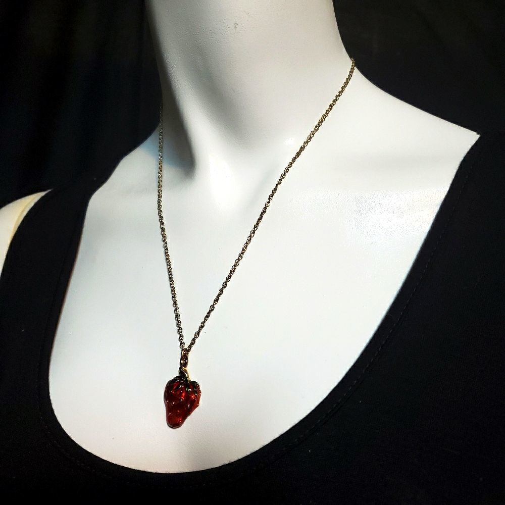 Gold Tone Strawberry Pendant Necklace